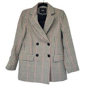 Maje Plaid Double Breasted Blazer Tan Black Red